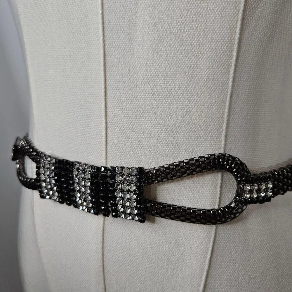 Luxury Dressy OS Black & Silver Crystal Rhinestone Beaded Chain Rope Belt